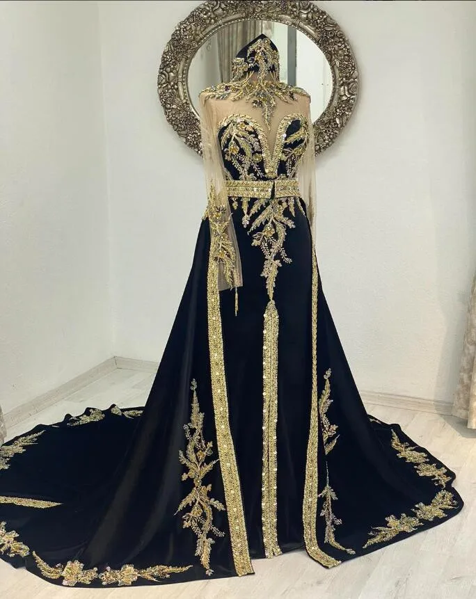 King Blue Velvet Caftan Morocco Prom Dresses Long Sleeve Sparkly Applique Arabic Evening Occasion Gown Henna Marocain Dress