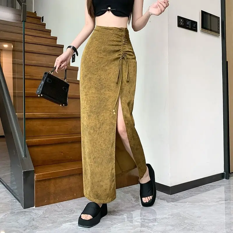 Solid Women A Line Casual Female High Waist Y2K Sweet Korean Streetwear Clothing Black Chic Vintage All Match Shirring Skirts