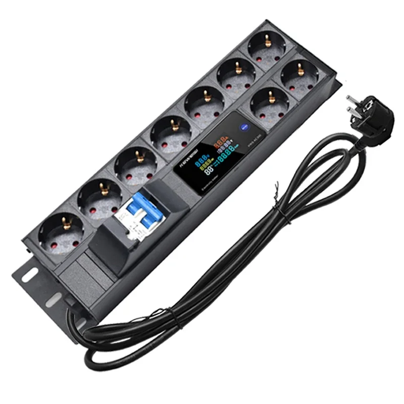 

19inch 2U PDU power strip cabinet mount 9 way Europe socket 16A air switch ammeter/voltmeter/power tester 2M extension cable