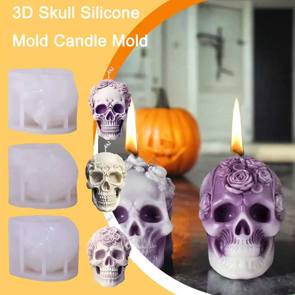 Moule à bougie 3D en silicone pour la décoration d'Halloween, fleur rose, tête de mort, plâtre en argile polymère, maison et bureau, Regina, J0A8