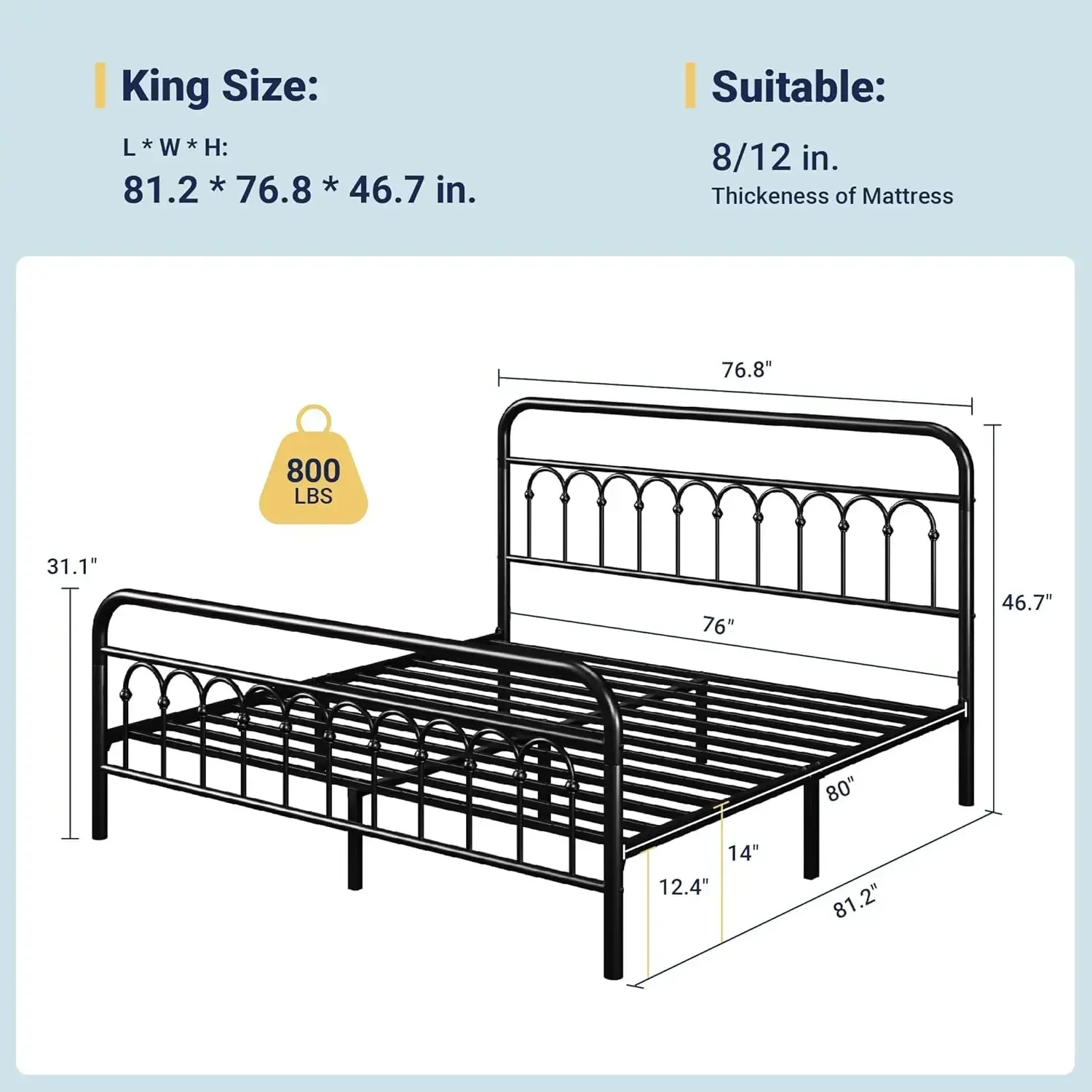 Allewie 14 Inches King Size Metal Platform Bed Frame with Victorian Style Curved Iron-Art Headboard/Footboard, Metal Slats Suppo