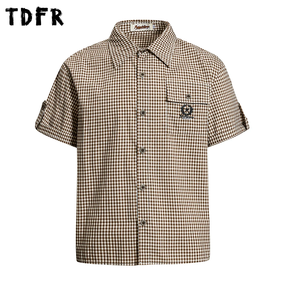 

Pocket Plaid Short Sleeve Shirts Mens Summer Embroidery Casual Retro Loose Lapel Single Breasted Cotton Shirts Man