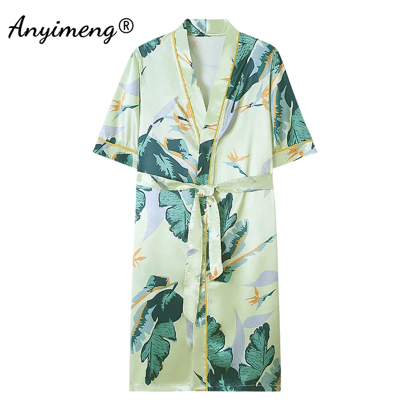 Floral Faux Silk Pijama Summer Nightwear Elegant Womem Silk Robes M-4XL Big Size Satin Robe Causal Short Sleeves Kimono Bathrobe