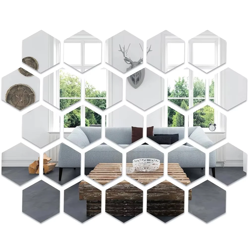 3D Hexagonal Mirror Wall Sticker Acrylic Silver DIY TV Background Living Room Stickers Wall Decor Bedroom Bathroom Home Decor