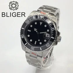 BLIGER 40mm Automatic Men Watch Steel Strap NH35 MIYOTA 8215 PT5000 Movement Sapphire Crystal 3 o'clock Black Blue Luminous Dial