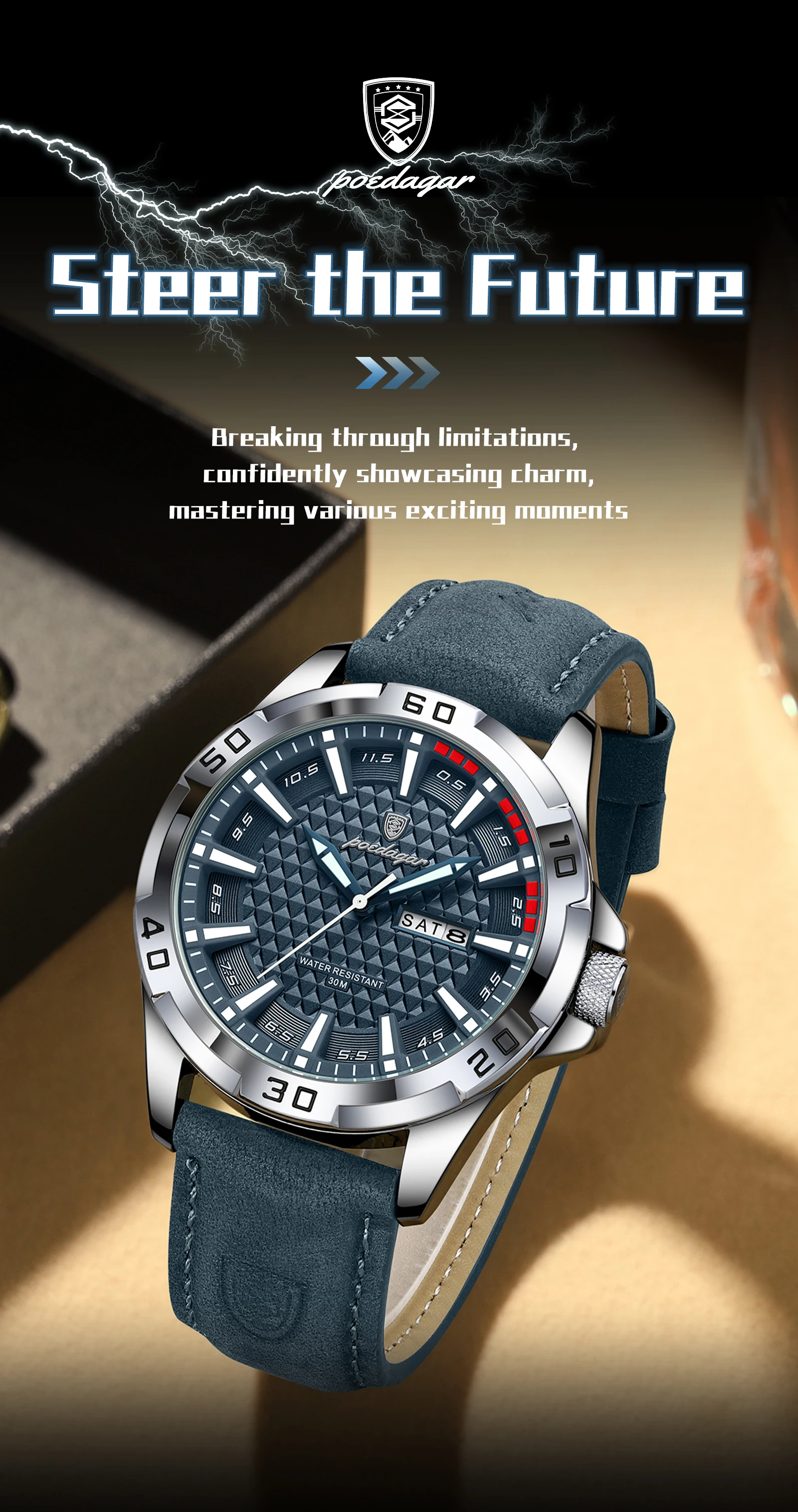 POEDAGAR Original Männer Uhr Luxus Wasserdicht Leucht Datum Woche Uhr Für Mann Quarz Leder Mode herren Uhren Reloj Hombre – Detail 16