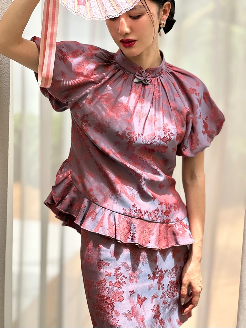 

Новый китайский шелковый костюм из парчи для молодых женщин, улучшенный, весенне-летний, модный комплект, бренд TANA WARREN