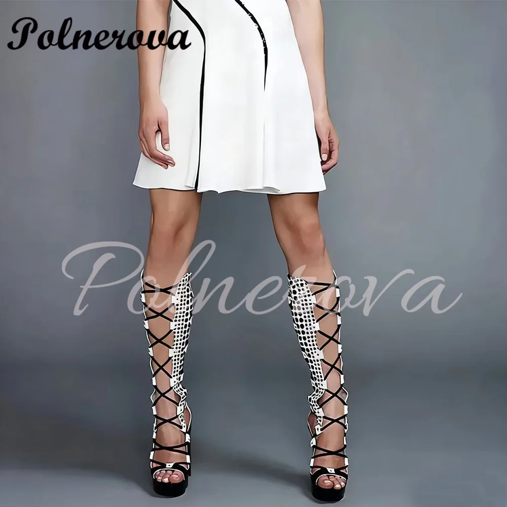 

Polka Dot Platform Sandal Boots Cross Tied Knee High Sandals Elegant Dress Shoes Summer Women Shoes Sandalias De Mujer Verano