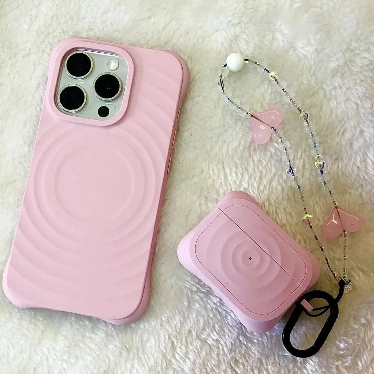 White Pink Ripple Silicone Case for iPhone 13 14 15 Pro Max AirPods 3 Pro Pro2 Earbuds Case with Hook