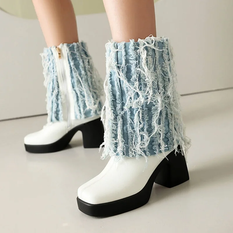 

ORCHA LISA 2026 New Design Women's Mid Calf Boots Round Toe 8.5cm Block Heel 2.5cm High Platform Fabric Tassels Big Size 42 43