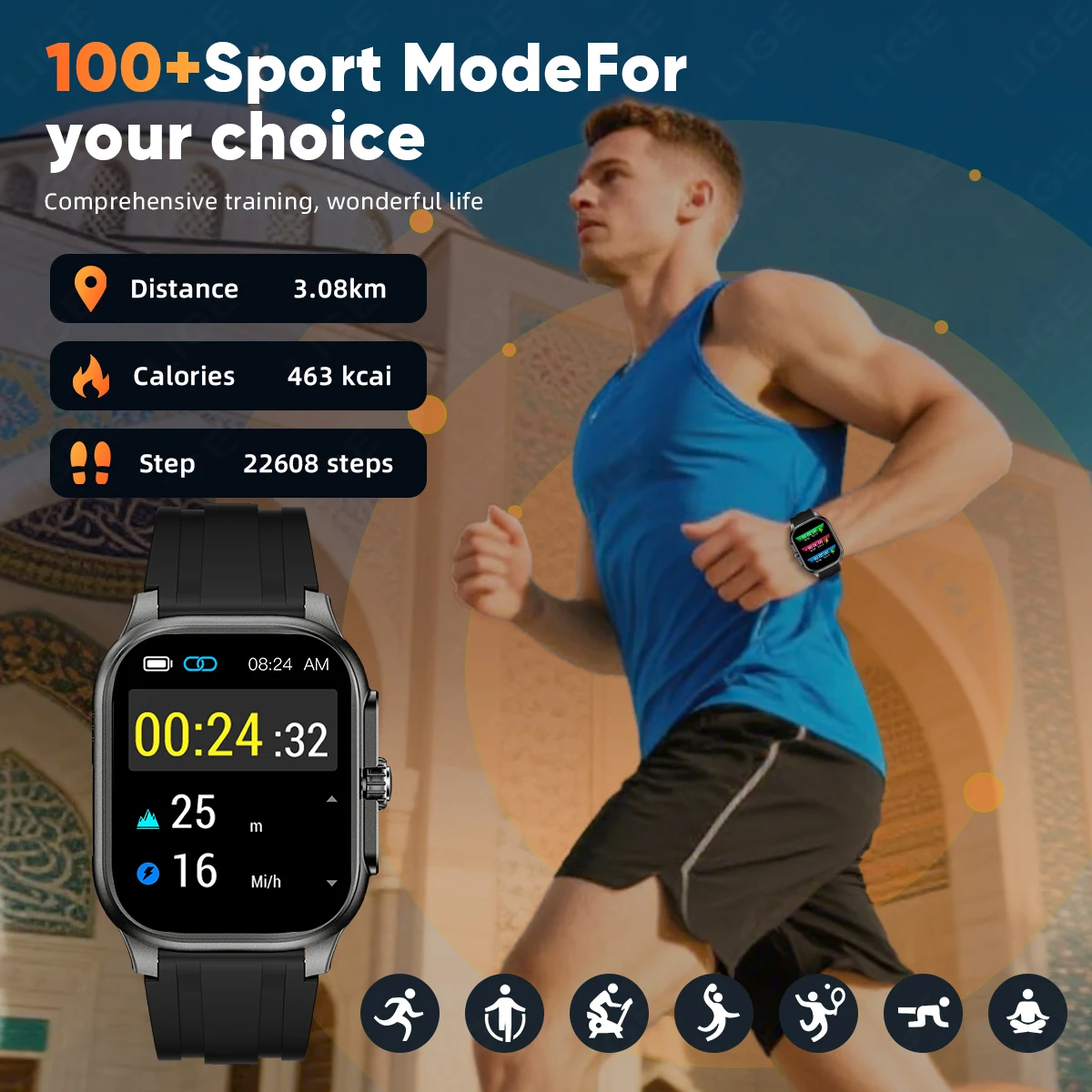 LIGE ساعة ذكية MUSLIM جديدة مع مؤشر القبلة للصلاة الصوتية بطارية 400 مللي أمبير في الساعة رياضية بلوتوث مكالمة 2.01 بوصة HD عرض ساعة ذكية للرجال