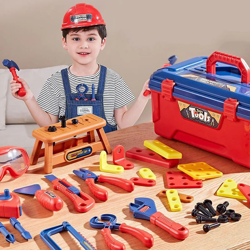 ชุดกล่องเครื่องมือของเล่นบ้านเล่น ไขควงเด็ก สว่านไฟฟ้า เลื่อยลูกโซ่ เครื่องมือจําลองการซ่อม ของเล่นเด็ก