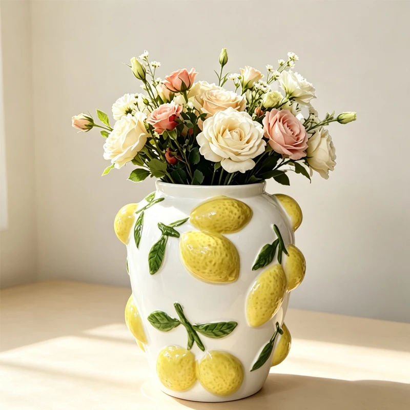 Ceramic Lemon Vase 3D Embossed Lemon Pattern Ceramic Vase Hand Embossed Fruit Decorative Vase Flower Arrangement Container