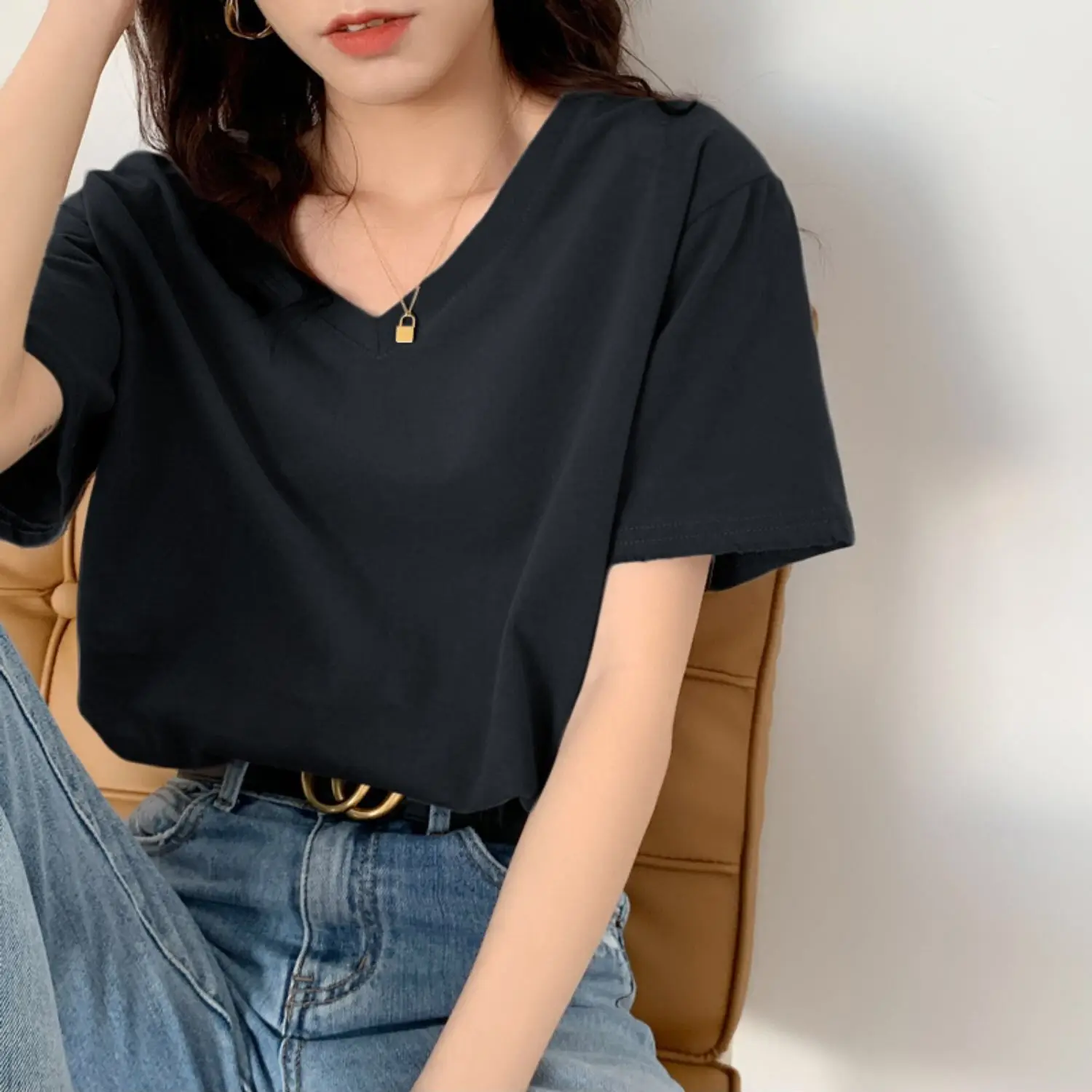 V-neck Short-sleeved T-shirt for Women's Inner Wear 2023 Spring and Summer New Loose Korean Version Base Cotton Half-sleeved Top