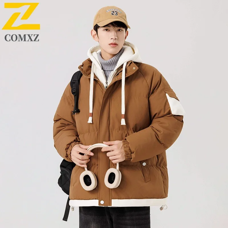 

COMXZ 2025 Men Women Fleece Lined Thick Fake Two Piece Hooded Down Cotton Jacket Winter Warm Loose Fit Lightweight Coat
