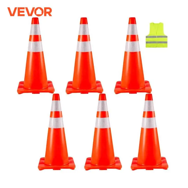 VEVOR PVC 6 Pcs 28 Inch Traffic Safety Parking Cones Reflective Collars Higher Warning for Traffic Control Construction Sites