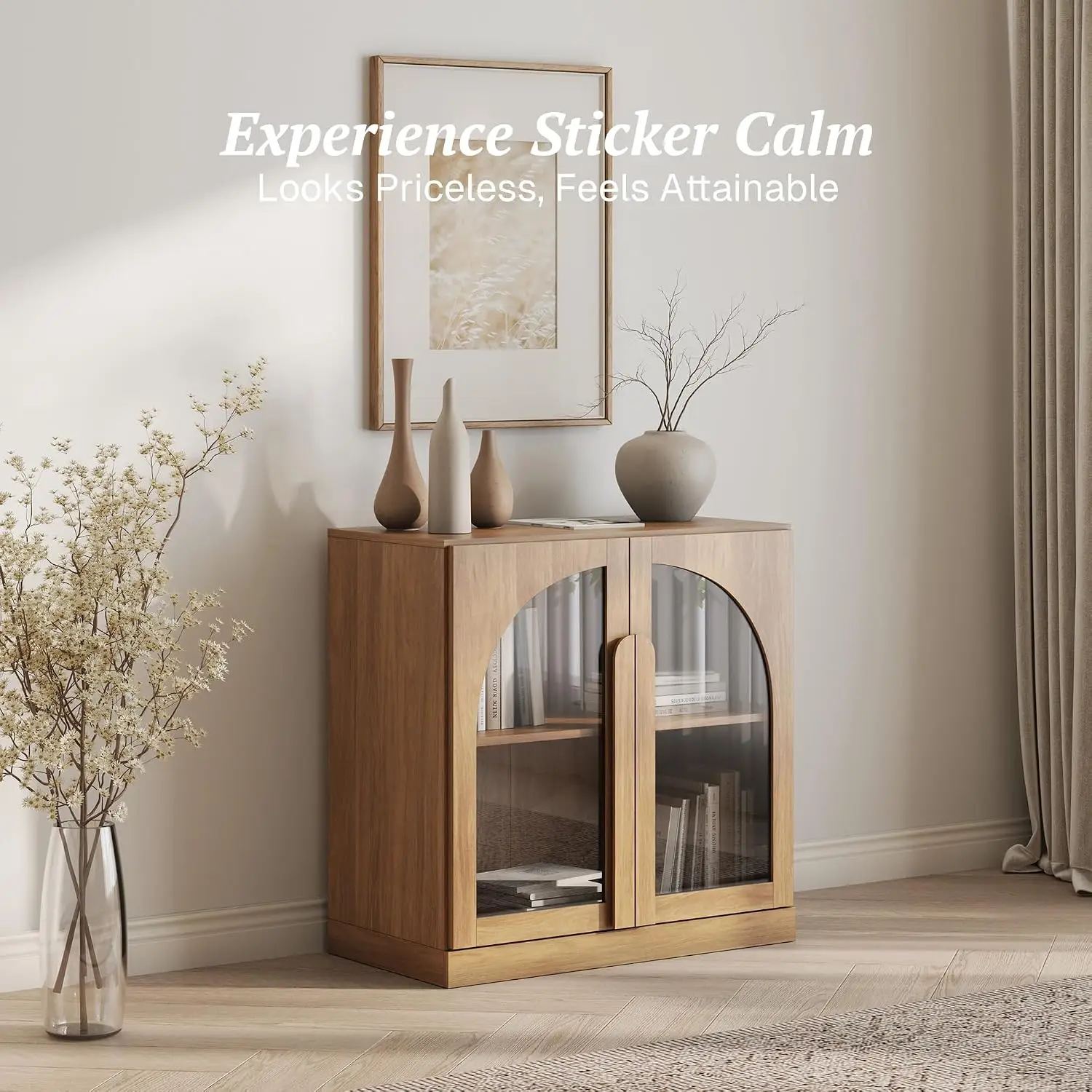 Kitchen Storage Cabinet with Adjustable Shelves, Freestanding Accent Cabinet with Fluted Arched Design & Wood Handles