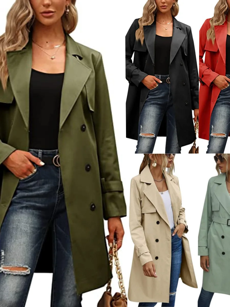 Fashionable Casual Women's Trench Coat Spring 2026 Double Row Buttons Cross-Border Style Long Sleeve Mid-Length Outerwear