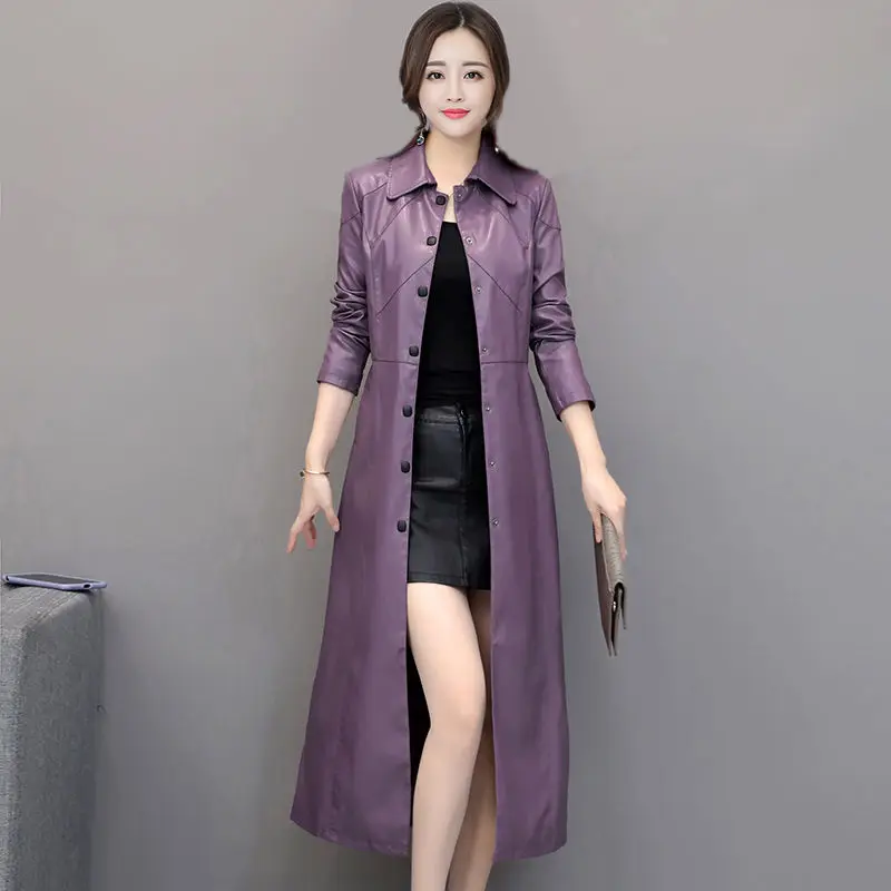 Spring autumn long black leather coat women long sleeve buttons slim fit Elegant leather jacket women 2023