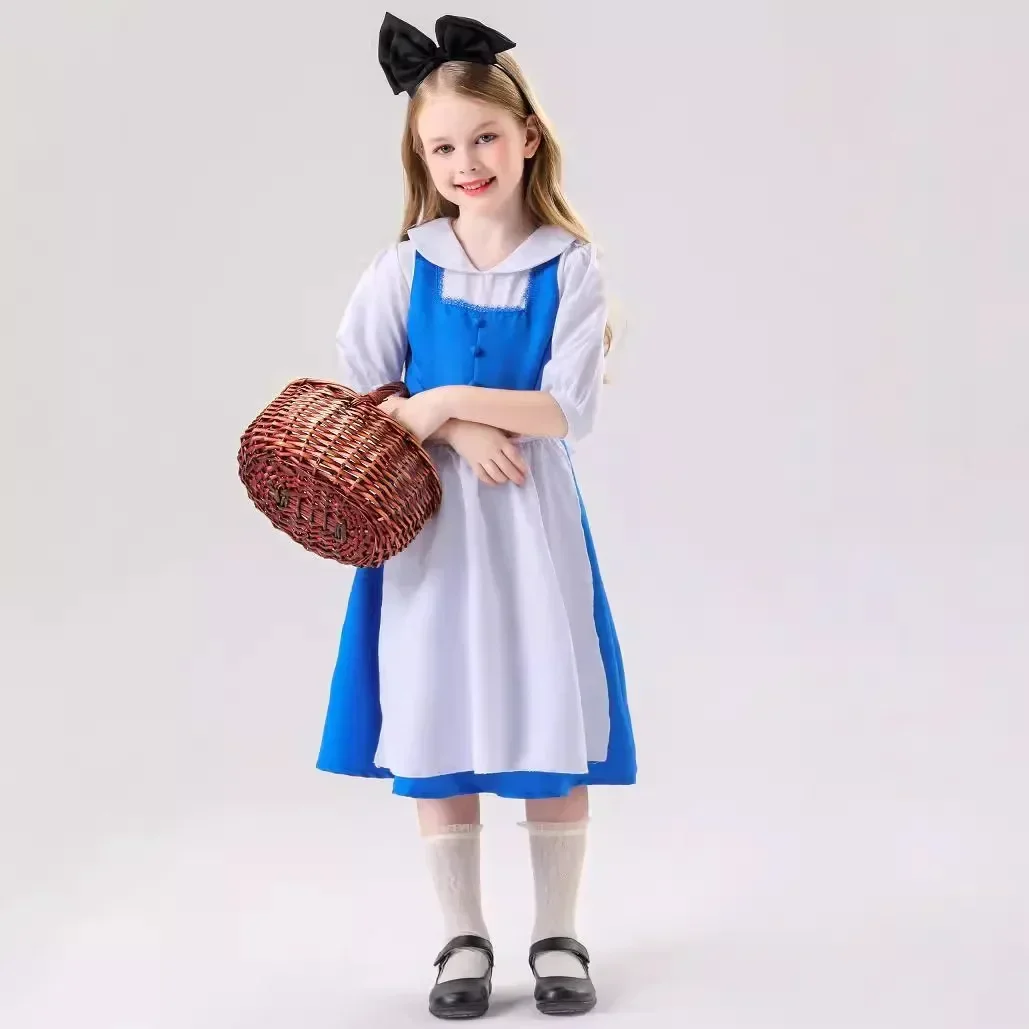 Blaues Deluxe-Kostüm für Kinder, Prinzessinnenkleid, Halloween, Cosplay, Alice im Wunderland, für Mädchen, Lolita, Dienstmädchen, Party, Verkleidung