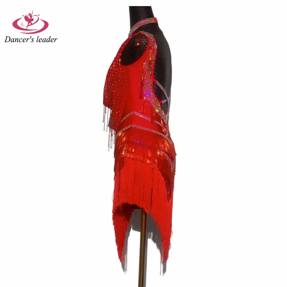 Latin Dance Dress High-end Custom Sleeveless Red With Flash Diamond Tassel Dance Dress Cha Cha Tango Stage Professional Clothing