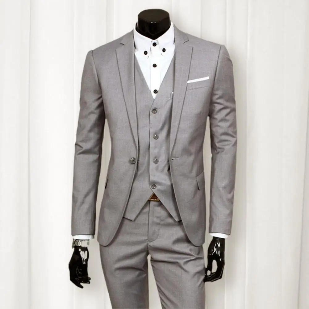 3 Pcs/Set Business Suit 3 Piece Set Slim Fit Zipper Solid Color Men Formal Suit For Evening Prom