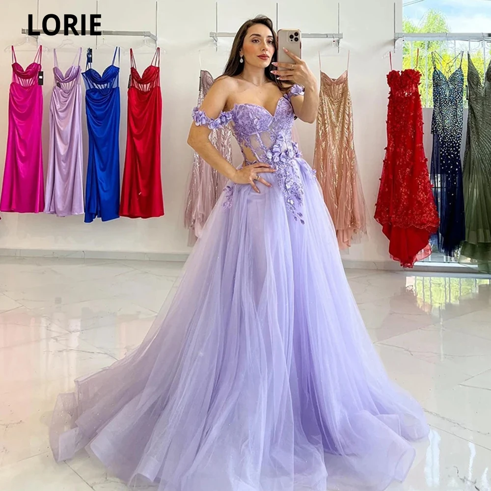 

LORIE Lavender Tulle A-line Evening Dresses Charming 3D Flowers Appliques Sweetheart Robes De Soirée Long Vestidos De Gala