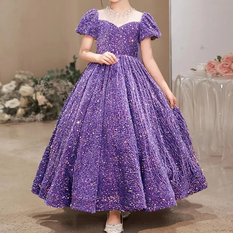 

Elegant Purple Sequined Little Girls Birthday Party Dresses Short Sleeve Puffy Childrens Formal Clothes Flower Girl Prom Evening