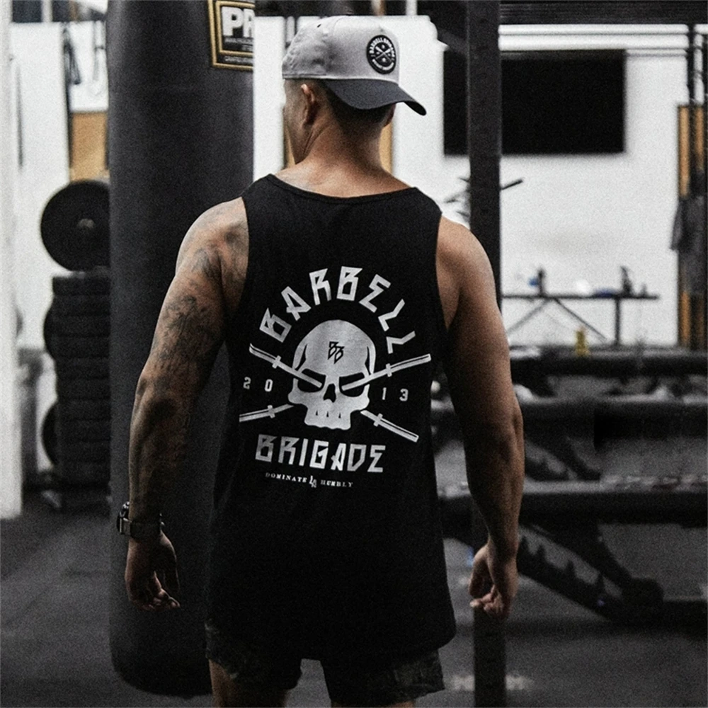 BARBELL Men\'s Cotton Sleeveless Shirt Skull Bodybuilding Workout Tank Tops Muscle Fitness Sports Shirts Male Gym Stringer Vest