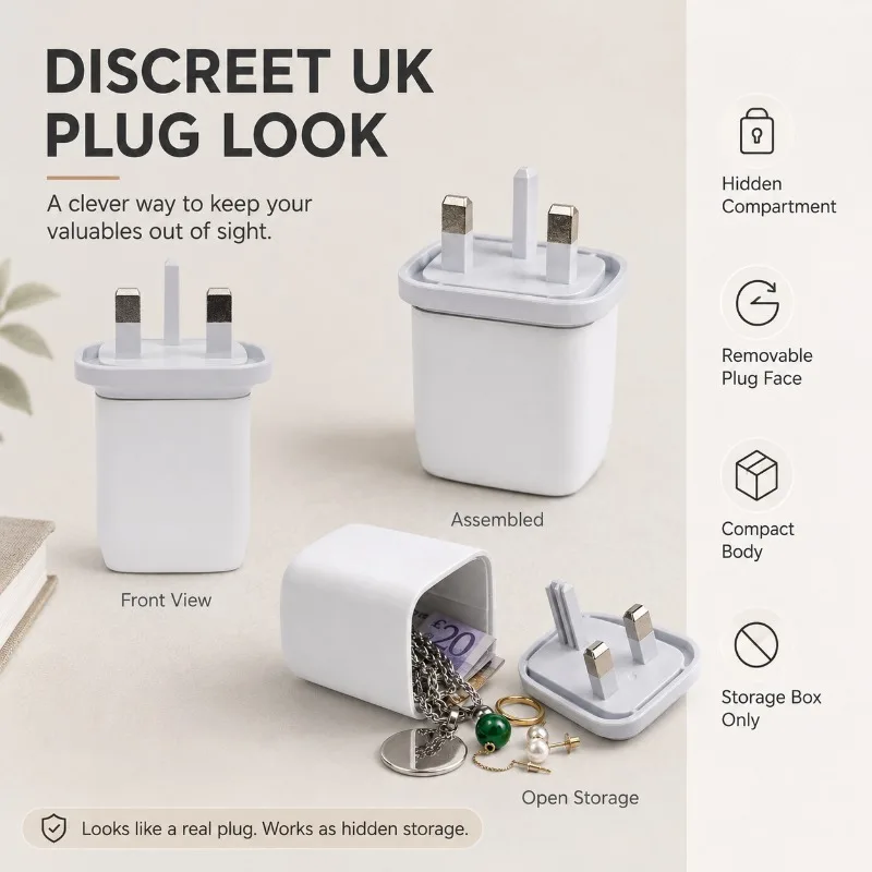 Fake UK Plug Adapter Storage Box, Compact Hidden Compartment Organizer for Small Valuables Jewelry Cash Pills Accessories White