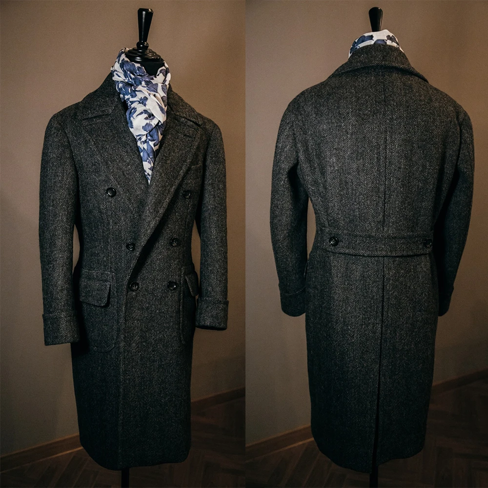 Costume noir à chevrons pour hommes, manteau Long, pardessus en laine épaisse, Double boutonnage, tenue masculine formelle, costume d'affaires, manteau de smoking sur mesure