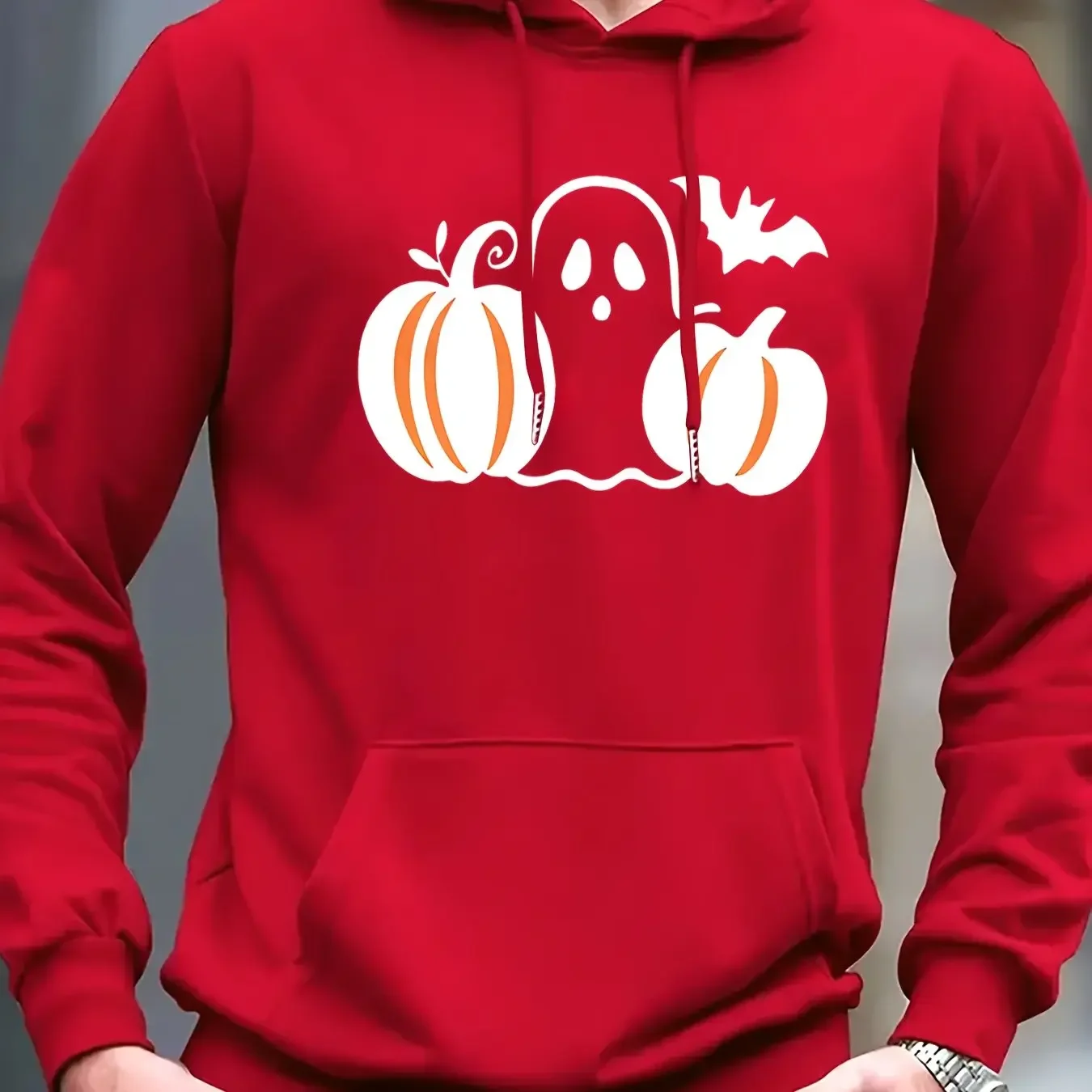 Simple White Outline Ghost Two Pumpkins Flying Bat Halloween Graphic Hoodie Oversized Black Casual Hooded Top