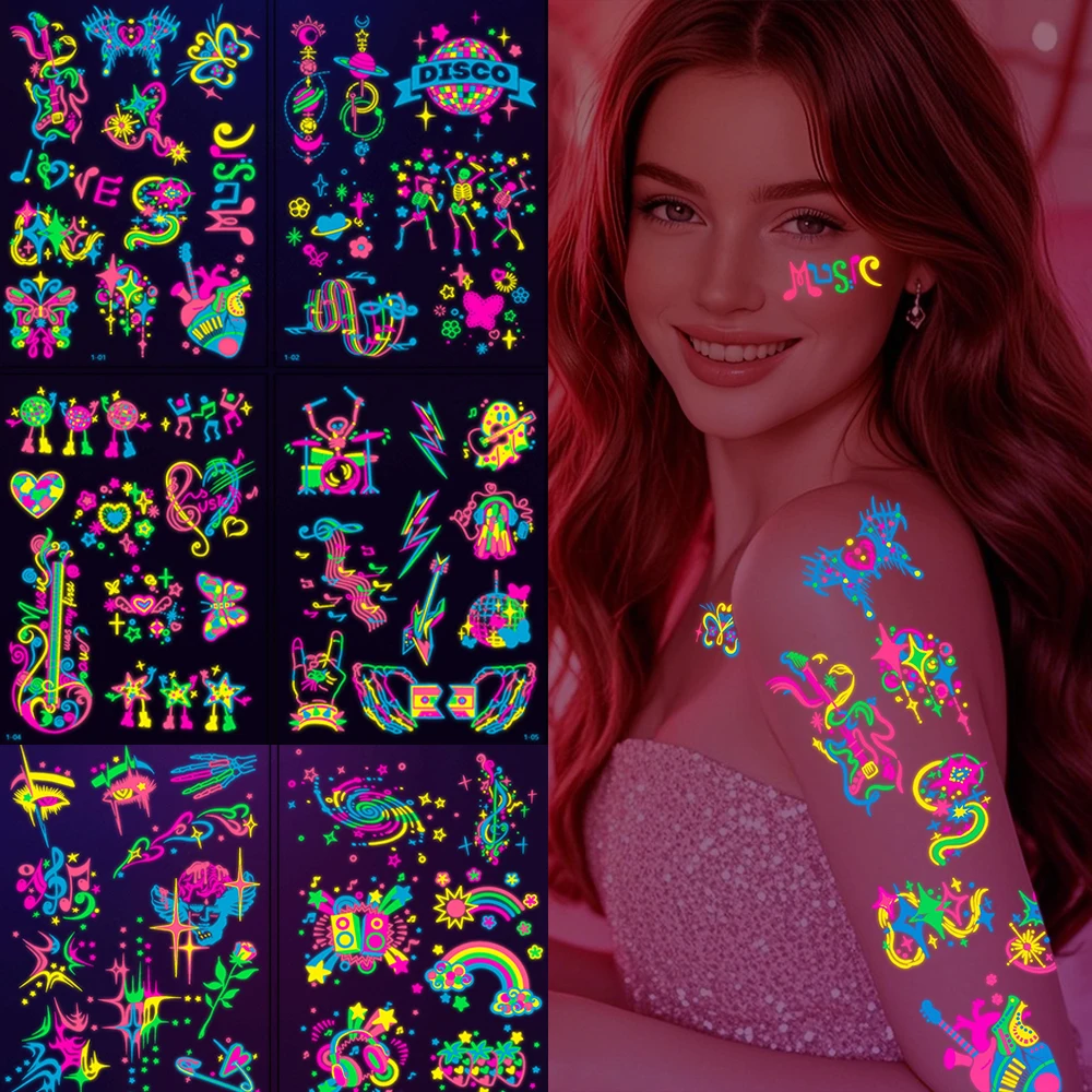 3D Butterfly Lace Flower Luminous Tattoos Stickers UV Neon Fluorescent Music Party Temporary Tattoo Decal Face Body Glowing  Dec