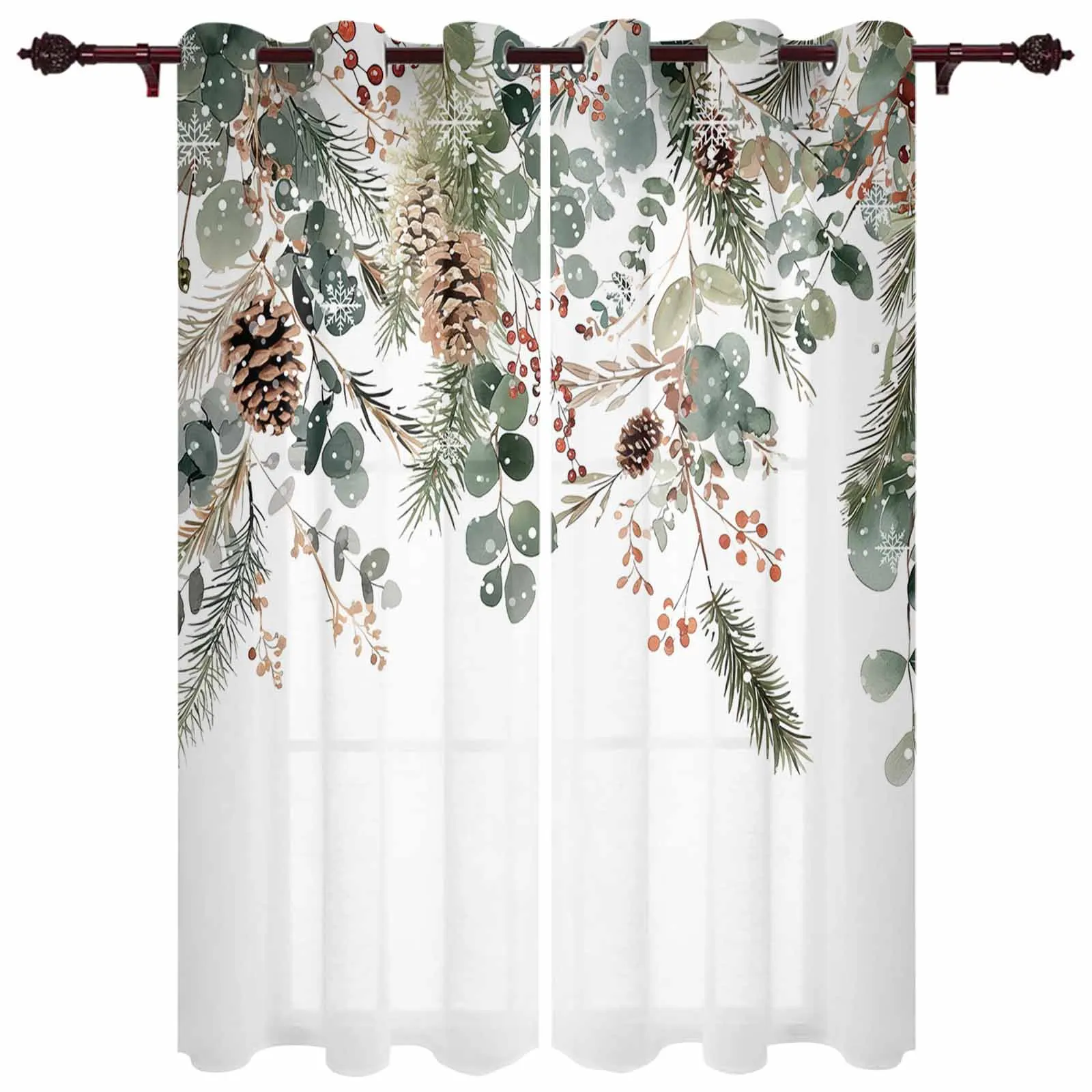 

Winter Eucalyptus Leaves Berries Hazelnuts Windows Curtains Living Room Luxury Decor Xmas Curtain Bedroom Kitchen Window Drapes