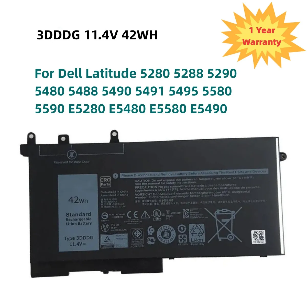 

3DDDG 11.4V 42Wh Battery For DELL Latitude E5280 E5480 E5580 E5290 E5490 E5491 E5591 E5495 P27S Series 080JT9 03VC9Y 00JWGP