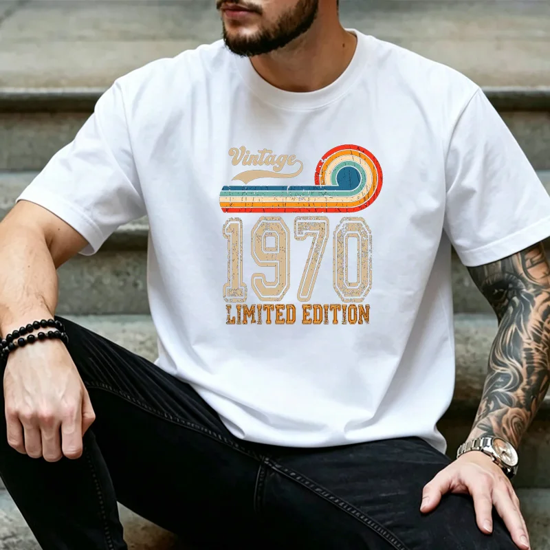 Unisex Vintage 1970 Rainbow Swirl Distressed Graphic T Shirt 70s Nostalgic Birthday Daily Streetwear Top