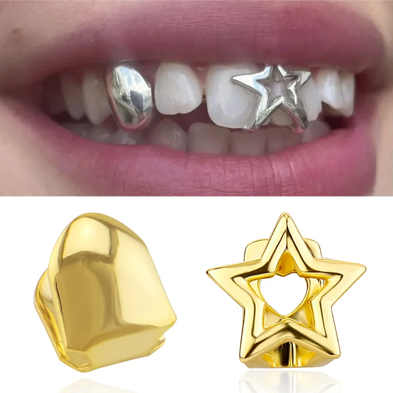 Y2K Style Star Glossy Tooth Grillz Silver Plated Hip Hop Dental Jewelry Removable Braces Cosplay Party Teeth Decor for Men Women