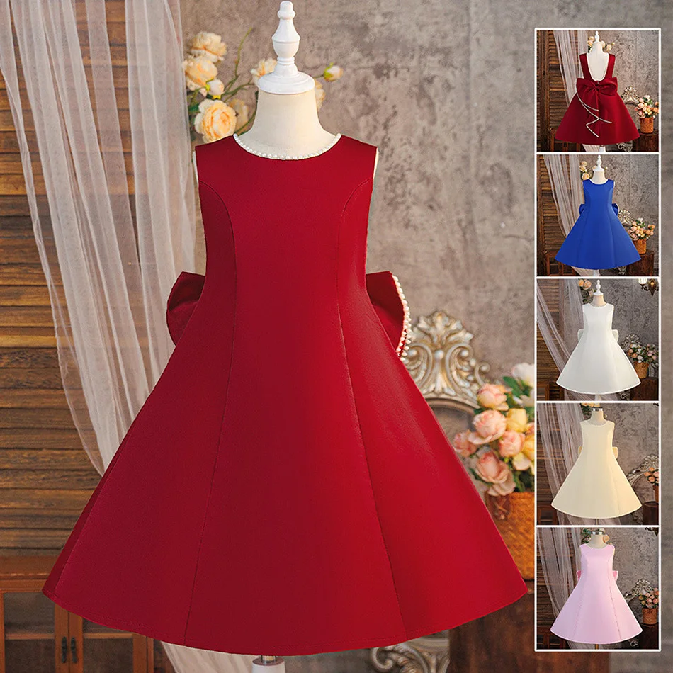 

Girl Solid Backless Pearl Princess Dress Children Bow Evening Frock Kid Birthday Carnival Event Festival Party Formal Gown 8-12Y