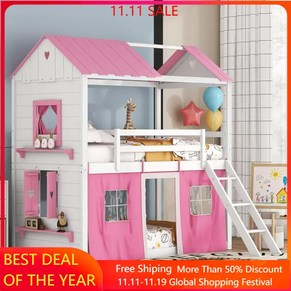 Litera doble con tienda de campaña para casa, cama alta para niños con escaleras, ventanas y techo de barandilla, litera doble de madera sobre casa de juegos doble
