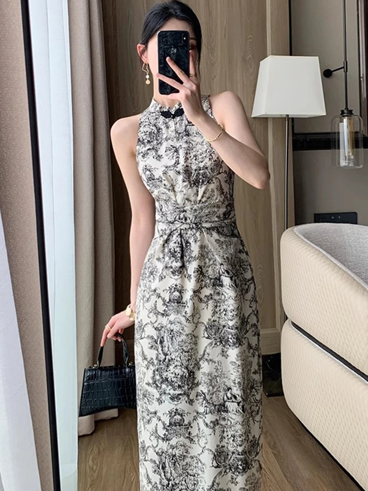 Summer New Vintage Print Sleeveless Midi Dresses for Women 2023 Fashion Slim Female Vestdios Lady Elegant Party Bodycon Clothing