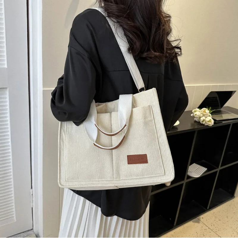 Corduroy Large Capacity Tote Bag Women's Commuter Student Shoulder Bag Versatile Handbag Casual Wide Shoulder Strap Mommy Bag