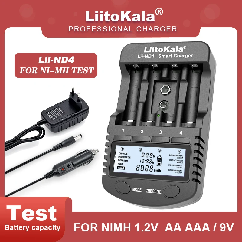 LiitoKala Lii-ND4 NiMH/Cd 1.2V AA AAA Recharge Bateery Charger LCD Display and Test Battery Capacity 9V Batteries.