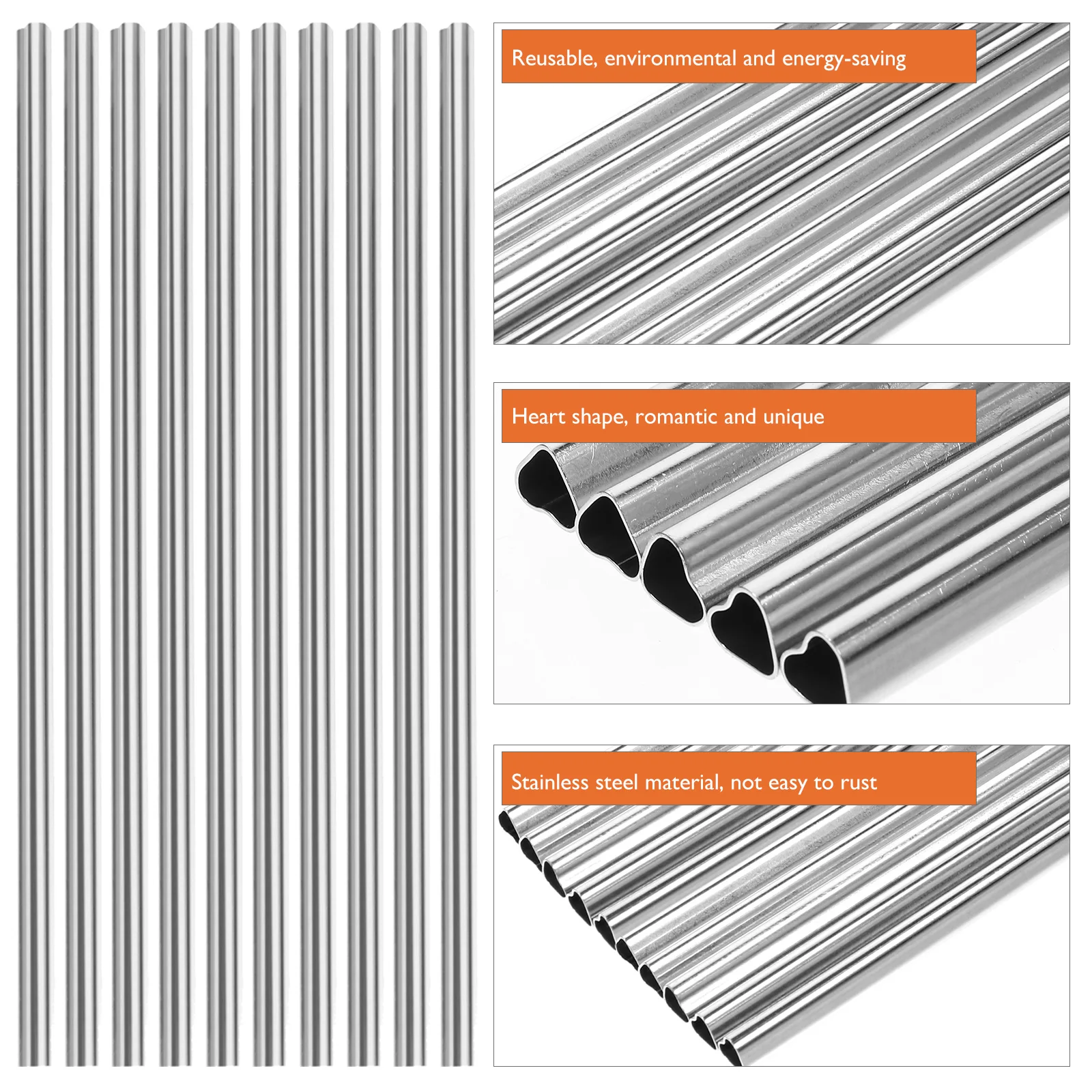 

10pcs Stainless Steel Straws Reusable Portable Heart Shaped Drinking Straw for Family Camping Kitchen Vacation Gift