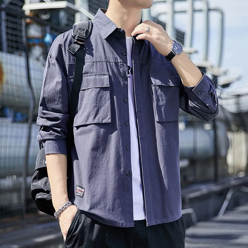 قميص رجالي جديد بجيب مزدوج بأكمام طويلة، ملابس عمل فضفاضة، كاجوال ومتعدد الاستخدامات، سترة برقبة مربعة وسيم وعصري للرجال #3