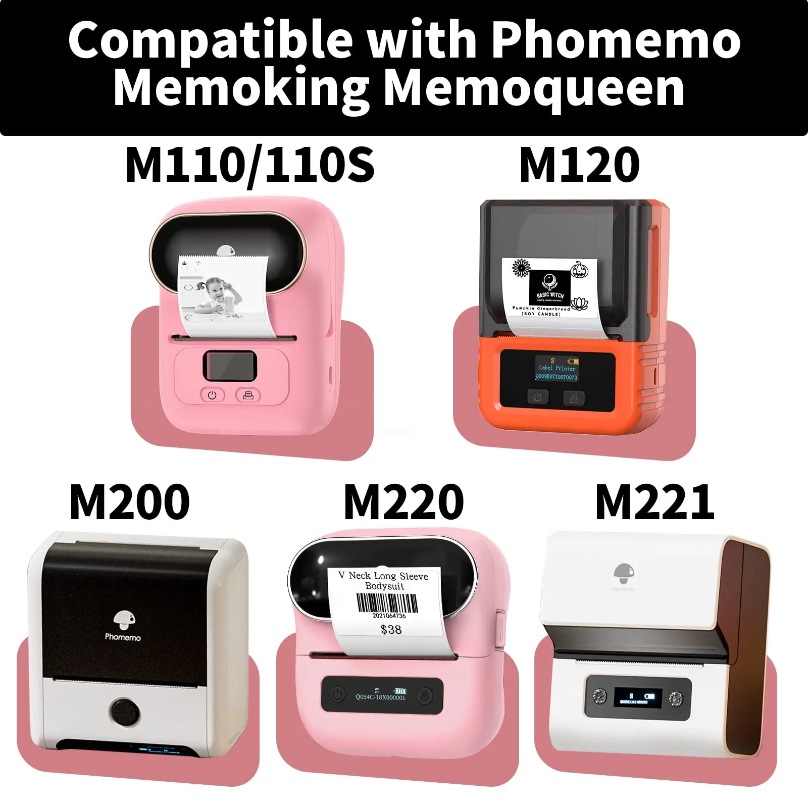 【White/Color/Transparent Sticker】Phomemo Multi-Purpose Square Self-Adhesive Label FOR M110/M200/M120/M220 Width 20-50mm Roll