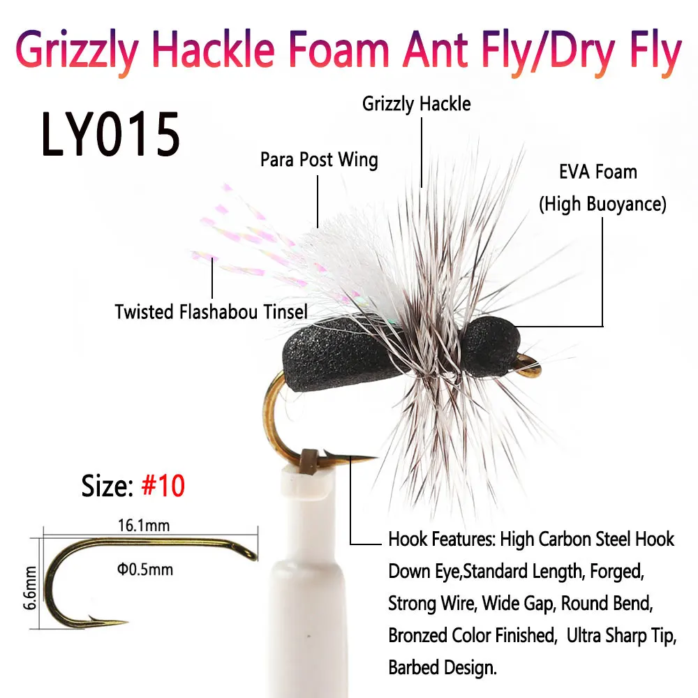 Bimoo 6pcs #10 Grizzly Hackle Foam Ant Fly Floating Black Dry Fly Para Post Wing Beetle Insect Bait Trout Char Fishing Lures