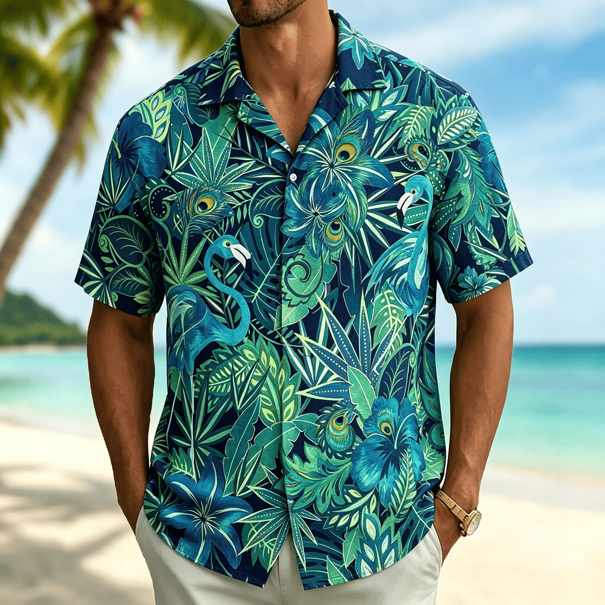 Men's tropical butterfly floral print short-sleeved shirt, Hawaiian-style casual shirt, featuring a vibrant jungle design