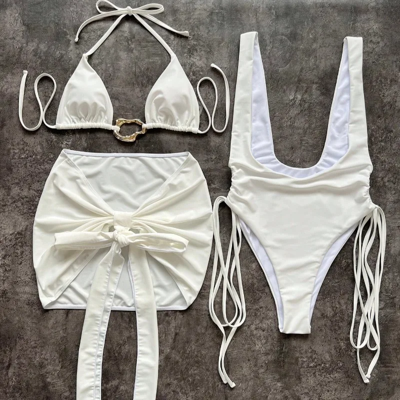 Toucheart Sexy Bikini New Metal Buckle Lace-up Three-piece Bikini Swimsuit Women Intimate Bikini Quick-drying Sun Protection Set