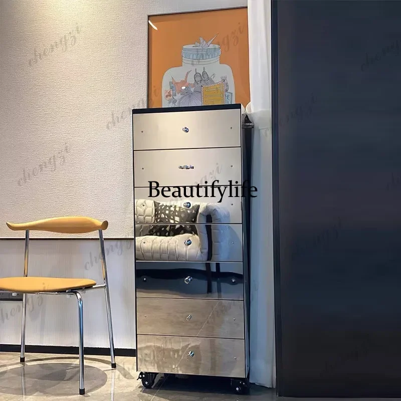 P182  Italian light luxury chest, high-end stainless steel mirror drawer cabinet, modern simple art view 2