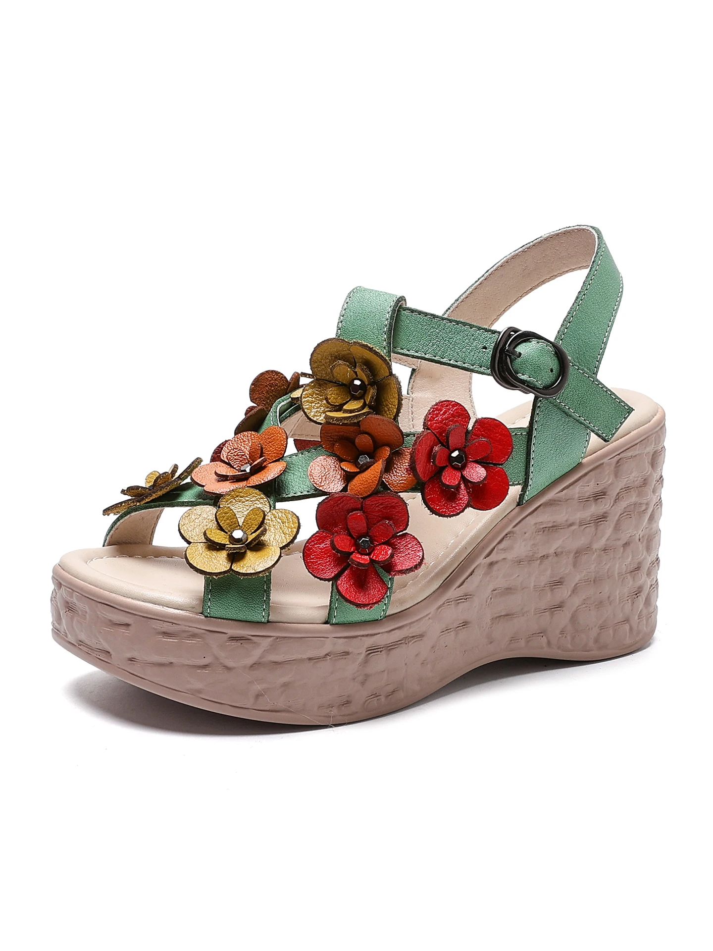 Birkuir Flowers Wedges Sandals For Women Buckle Summer 8cm High Heel Slides Luxury Cross Belt Open Toe Thick Heel Sandals Shoes view 6